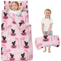 Pink Halloween Black Cats Ghosts and Pumpkins Toddler Nap Mats for Kids Preschool,50"x20" Sleeping Mat Bag or Kids,Toddler Sleeping Bag,Toddler Nap Mat or Daycare