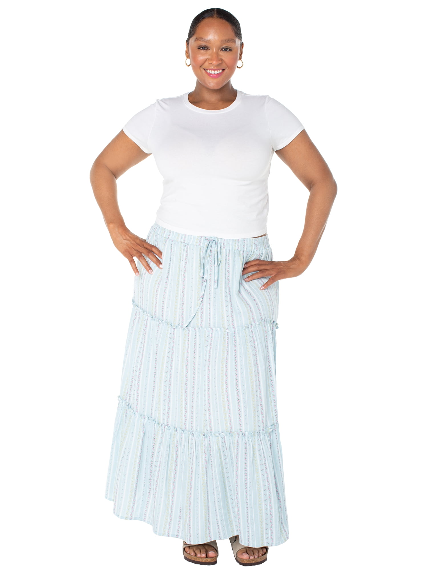 Celebrity Pink Women's and Women's Plus Floral Print Tiered Maxi Skirt, Sizes XS-4X
