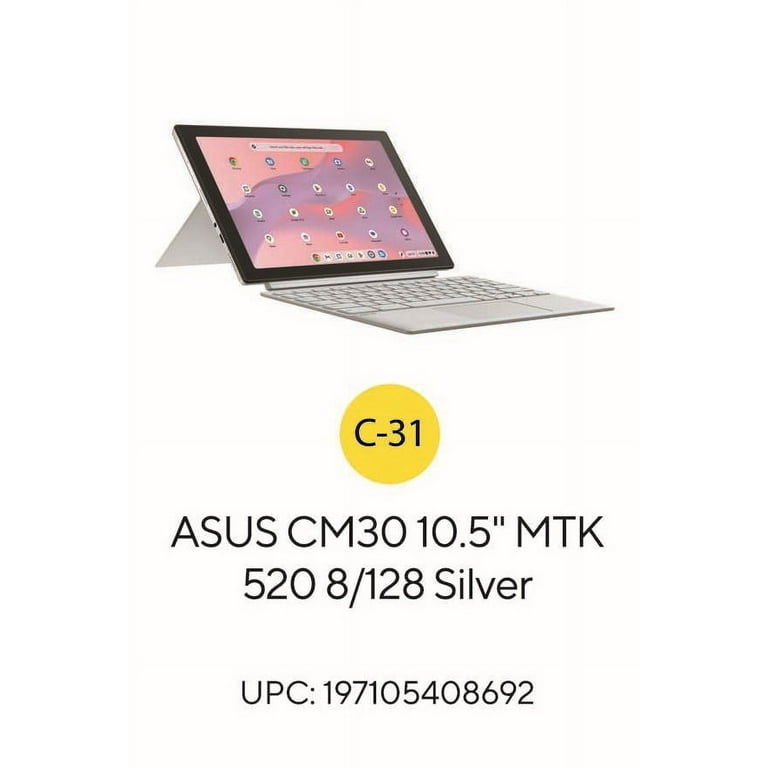 ASUS Chromebook CM30 10.5 inch WUXGA Touch 2-in-1 Tablet MediaTek Kompanio 520 8GB RAM 128GB eMMC Stylus Included Fog Silver ASUS Chromebook CM30 10.5 inch WUXGA Touch 2-in-1 Tablet MediaTek Kompanio 520 8GB RAM 128GB eMMC Stylus Included Fog Silver