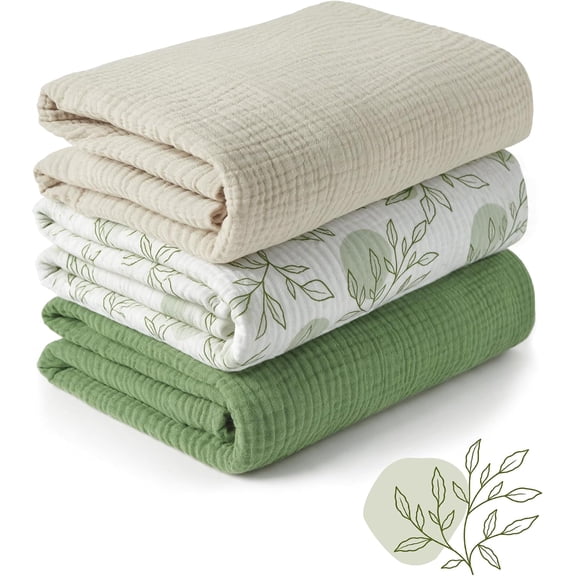 Babyomi Muslin Swaddle Blankets for Newborn, 3 Pack Breathable Soft Receiving Blanket, Large 39 x 39 inches Swaddle Wrap Burping Clothes, Essentials Infant Shower Items, Toddler Gift ,Green