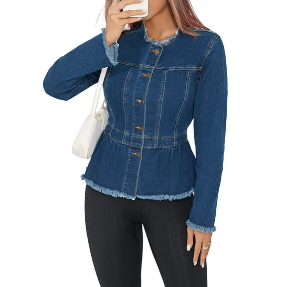 Women'S Plus Size Premium Denim Premium Bodice Long Sleeve Jacket Dark Blue XL