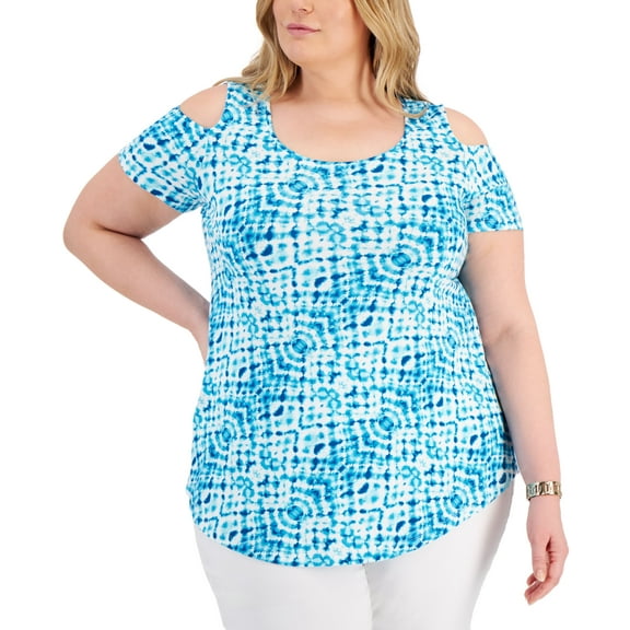 JM Collection Plus Size Printed Cold-Shoulder Top Seafoam Blue Combo 1X