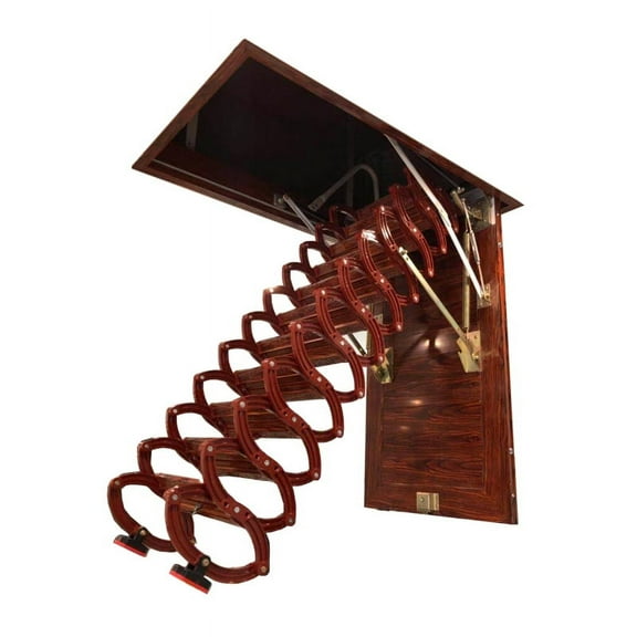 EQCOTWEA Telescopic Folding Ladder Loft Ceiling Hidden Ti-Mg Alloy Red Wood 9.85 FT 12 Steps