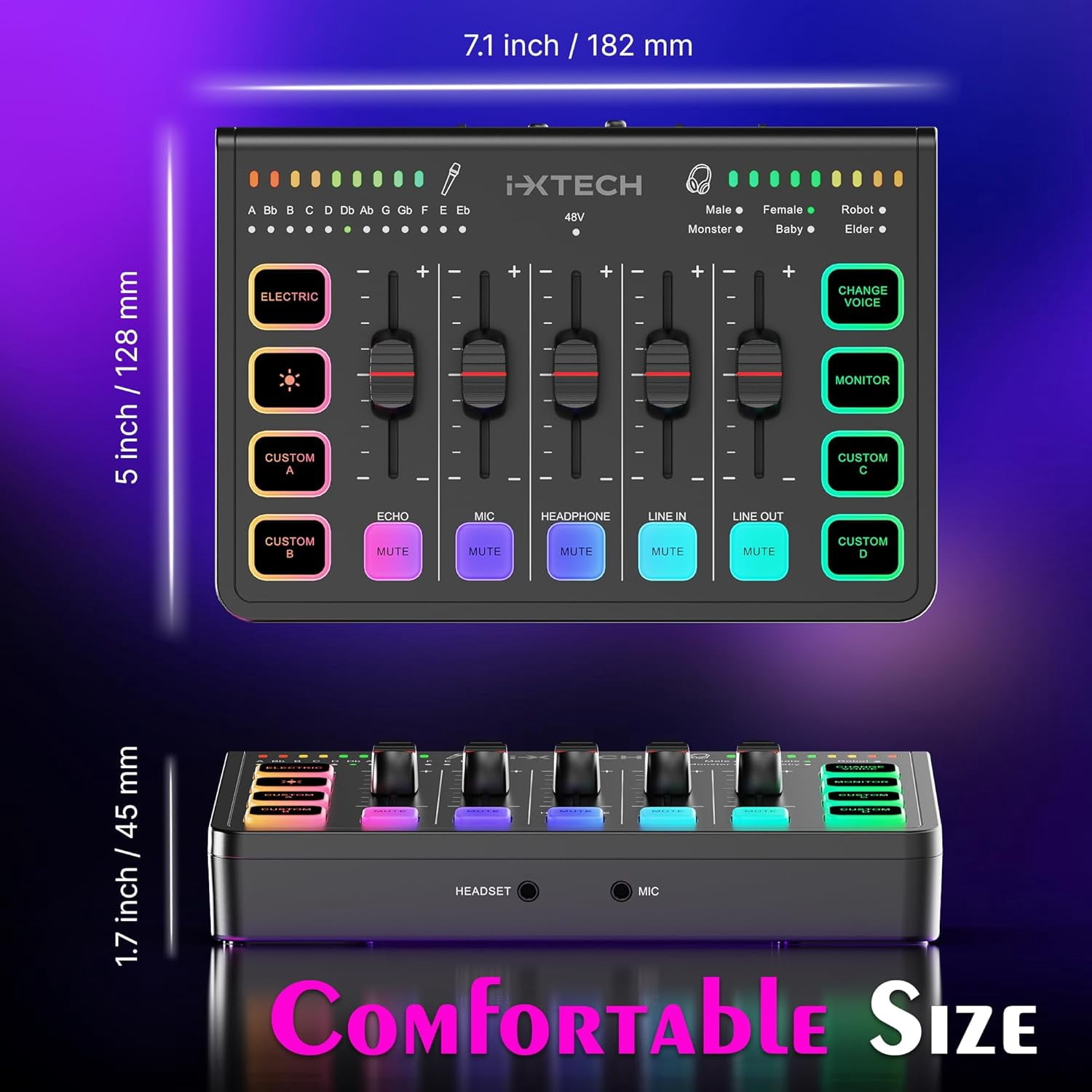 IXTECH Gaming Audio Mixer 4 Channel Soundboard, Streaming RGB PC Audio Interface with XLR Microphone Support, Audio Equalizer for Gaming Podcast Streaming Karaoke, Individual Volume Controls (Black)