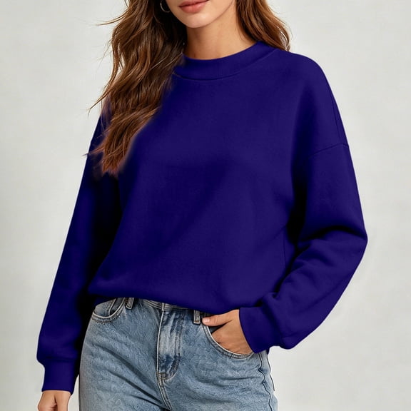 FASHOFT Crew Neck Sweatshirt For Women Oversized Long Sleeve Solid Comfy Pullover Basic Hoodie Fall Outfits Blue L