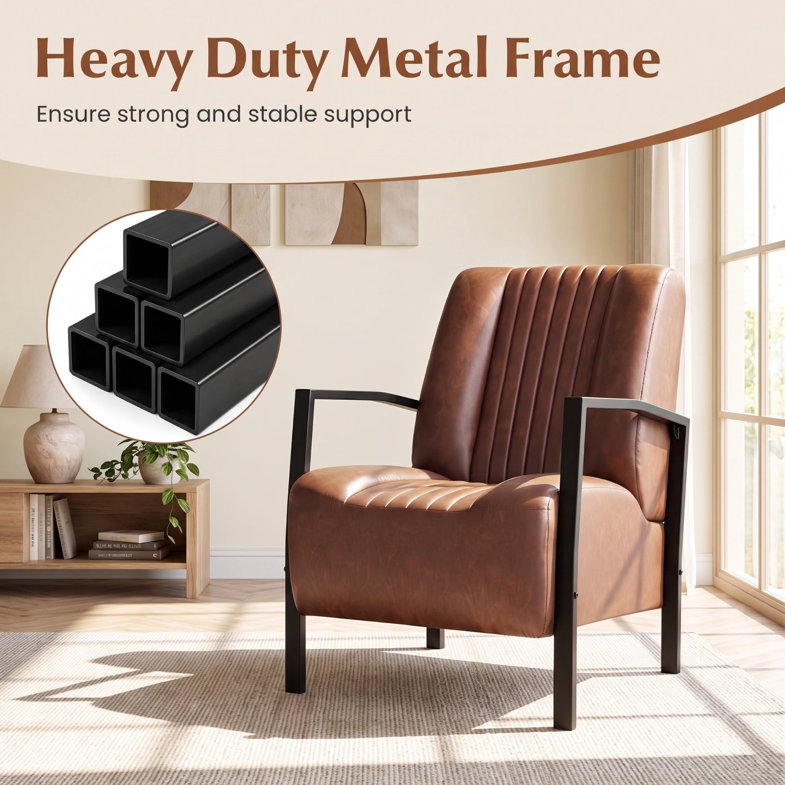 Furnibear PU Leather Upholstered Accent Armchair with Padded Seat and Back Ergonomic Lounge Reading Chair for Living Room Bedroom Office, Brown
