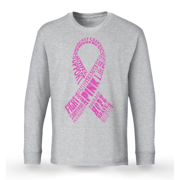 S4E Men's Pink Ribbon Word Montage Long Sleeve ShirtXXX-Large Sports Grey