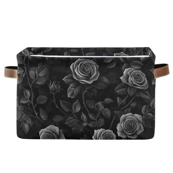WOBOGO Black Rose Square Storage Basket with Waterproof Canvas and PE Lining Durable PU Leather Handles 14.2×10.2×8.3in