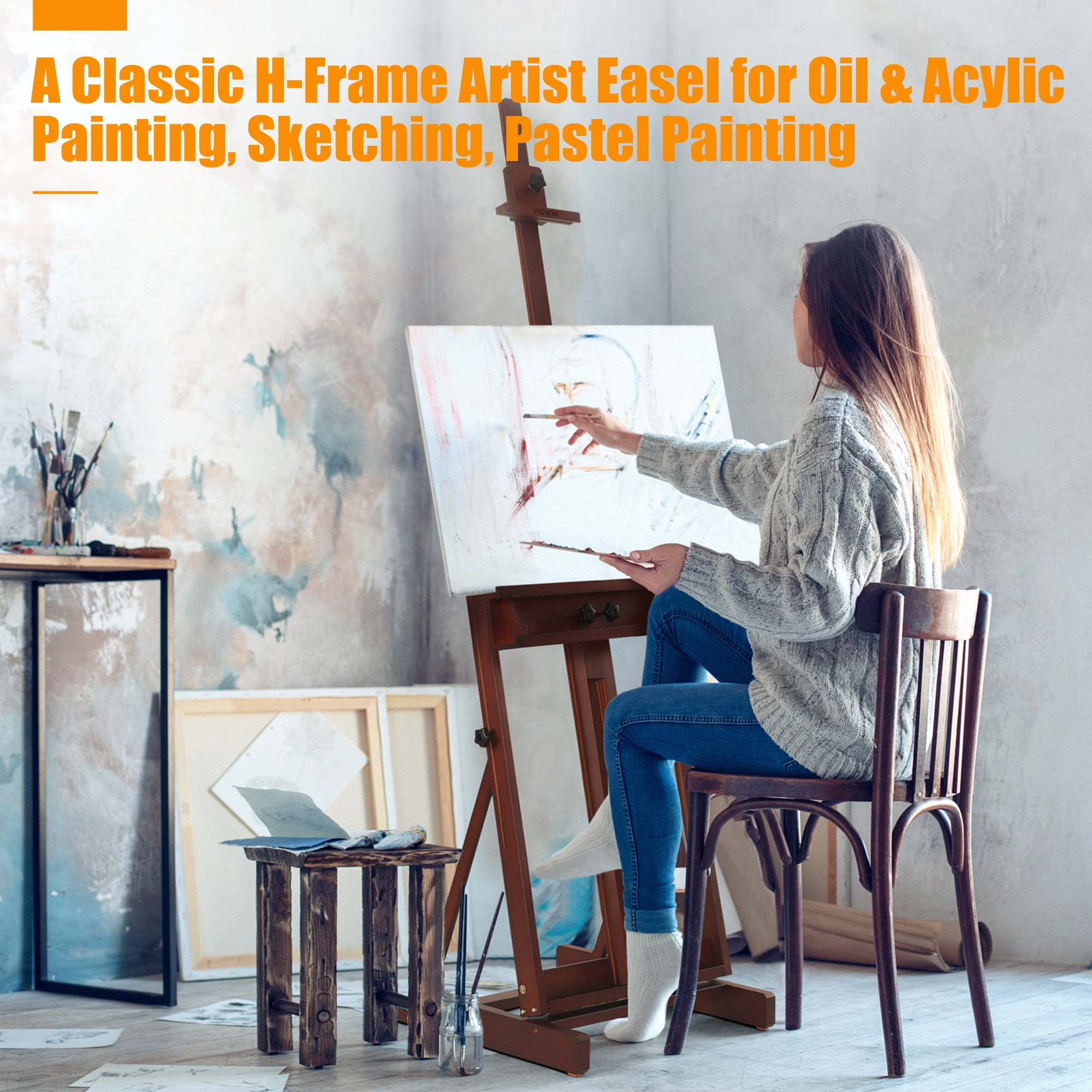 VISWIN Large H-Frame Easel 53"-91 "H, Hold Canvas up to 78"-Walnut