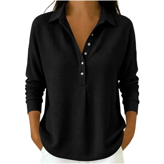 CHGBMOK Plus Size Long Sleeve Tops for Women Collared Waffle Knit Shirts Henley Loose Fit Casual Pullover Blouse