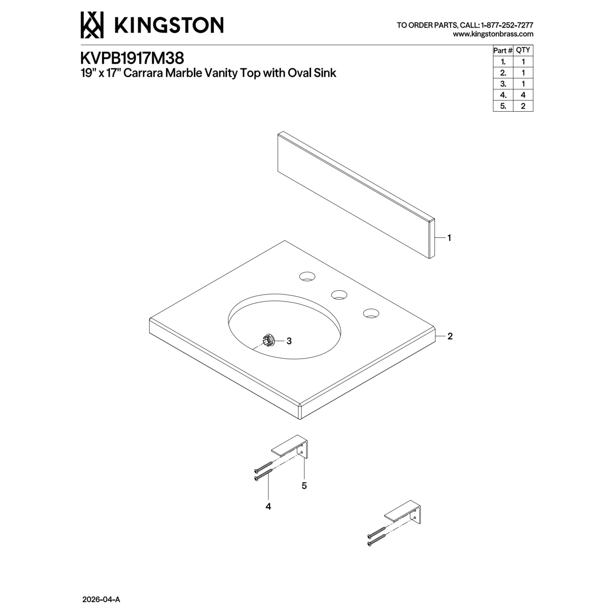 Kingston Brass KVPB1917M38 Fredrickson 19-Inch Carrara Marble Vanity Sink Top (8" Faucet Drillings) in Carrara White