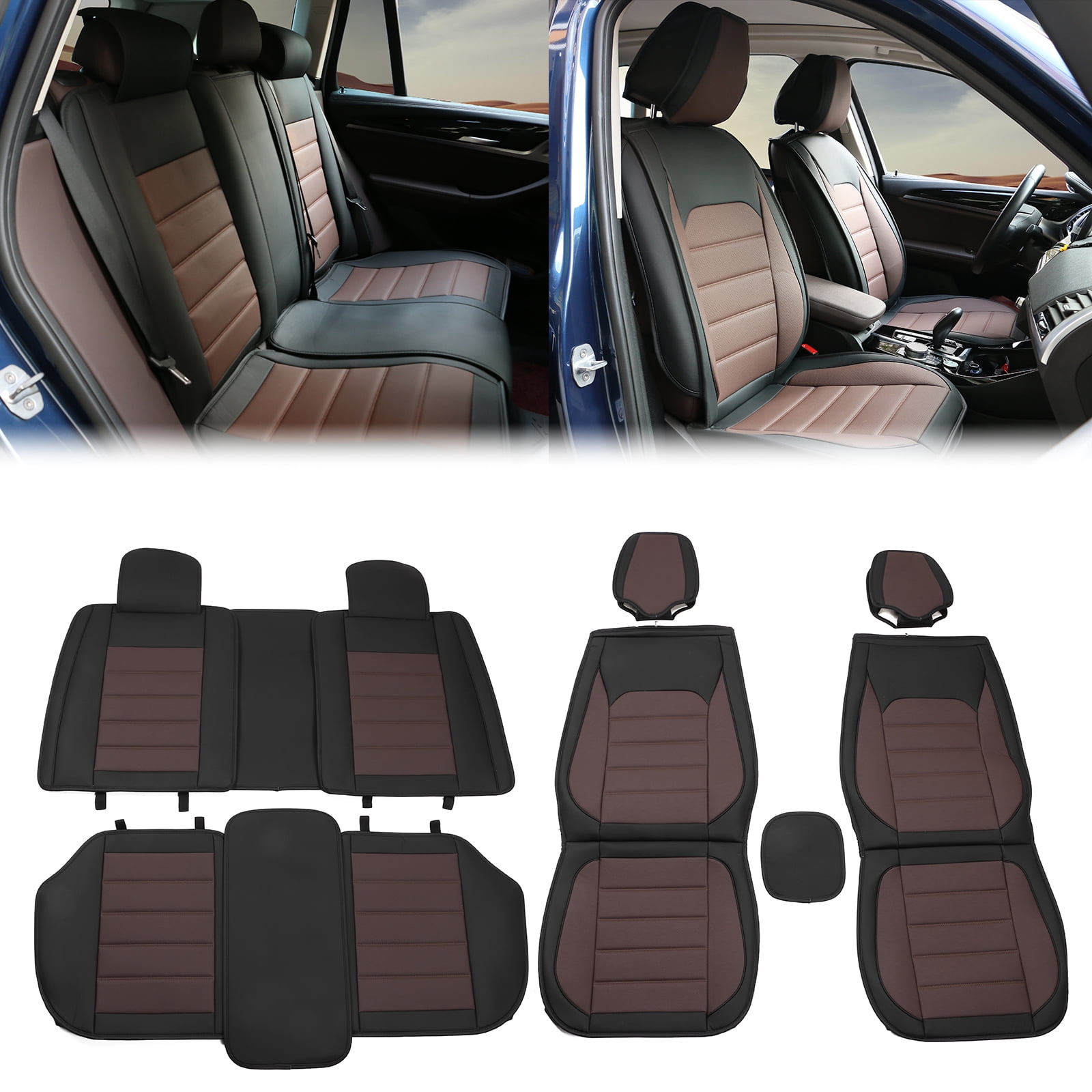 Ikon Motorsports Car Seat Covers Compatible with Universal 01 Style Black + Brown PU Leather Front & Rear Auto Seat Cover Cushion Protectors 5 Seats Full Set