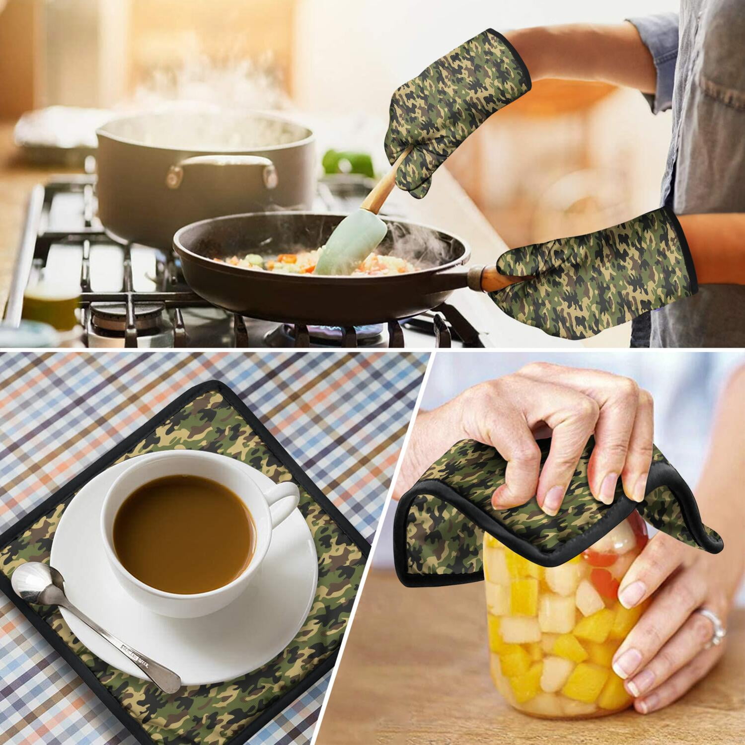 Camouflage Oven Mitts and Pot Holders Set Of 4, Heat Resistant Kitchen Gloves with Non-Slip Grip, Hanging Loop, Soft Cotton Lining for Baking, Cooking, Grilling, Barbecue