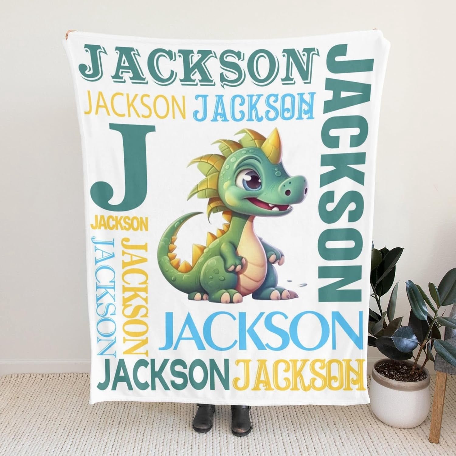 Personalized Dinosaur Blanket for Kids, Custom Dino Throw Blanket with Name for Boys and Girls, Toddler Bed, Room & Bedroom Decor, Unique Blankets for Children