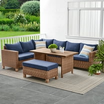 Better Homes & Gardens Brookbury 4-Piece Wicker Patio Sectional Dining Set with Navy Cushions
