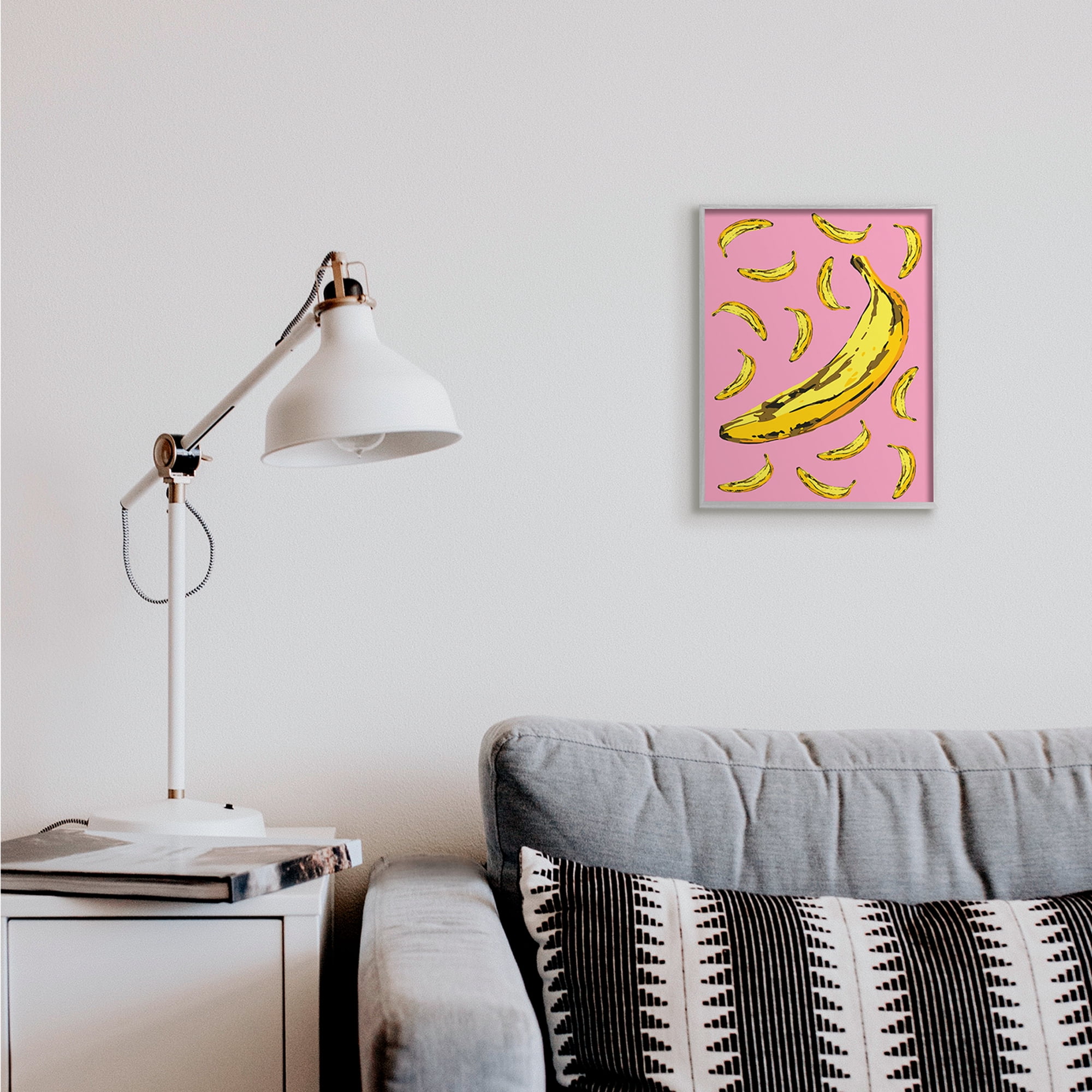 Stupell Industries Ripe Bananas Whimsical Tropical Fruits Yellow Pink Food & Beverage Painting Gray Framed Art Print Wall Art, 11 x 14