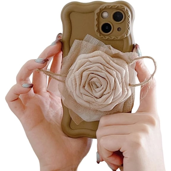 Designed for iPhone Case,Water Wave Frame with 3D Silk Rose Camera Lens Protection Shockproof Protective Cover Phone Case (iPhone 14 Pro Max,Brown)