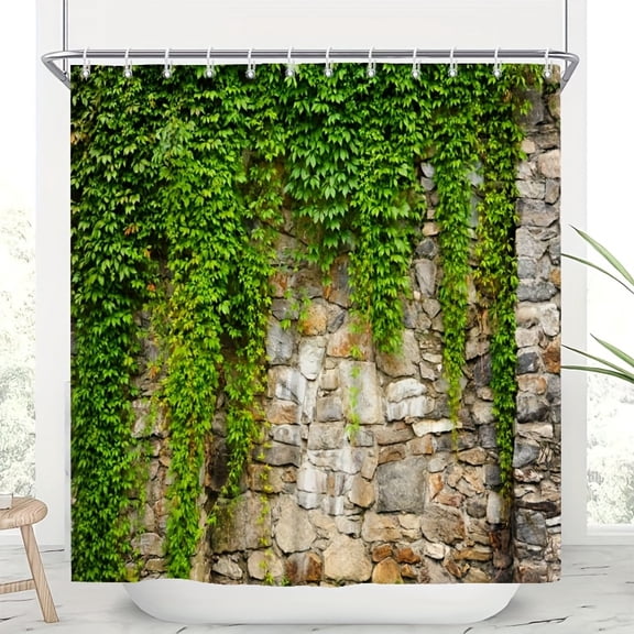 Jbralid Green Ivy Stone Wall Polyester Shower Curtain for Home Bathroom Bath Tub Decoration 72x72 inch