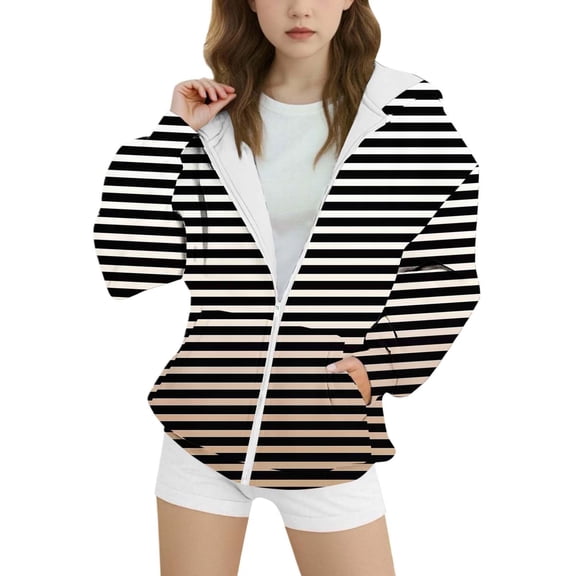 Curuila Kids Infant Girls Cardigan Coat Long Sleeve Striped Print Hooded Jacket For Girls Spring Autumn Fashionable Outerwear Size 4-5 Years