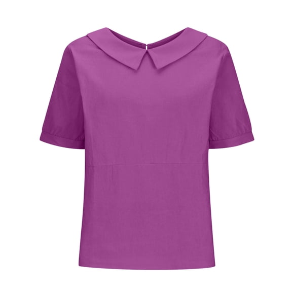 HXWCHs French Terry T-shirt Women's Retro Fashion Casual Loose Fit Short Sleeve Turndown Neck Solid Color Tee Shirt top S Purple