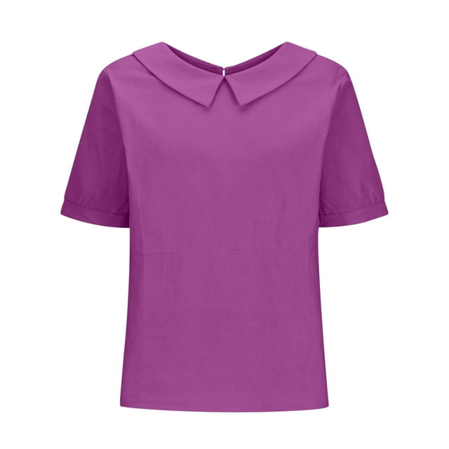 Fgnfyis T-Shirt à Col Rabattu Décontracté Ample Uni Rétro pour Femme, Manches Courtes, Hauts pour Femme, Violet, TTG