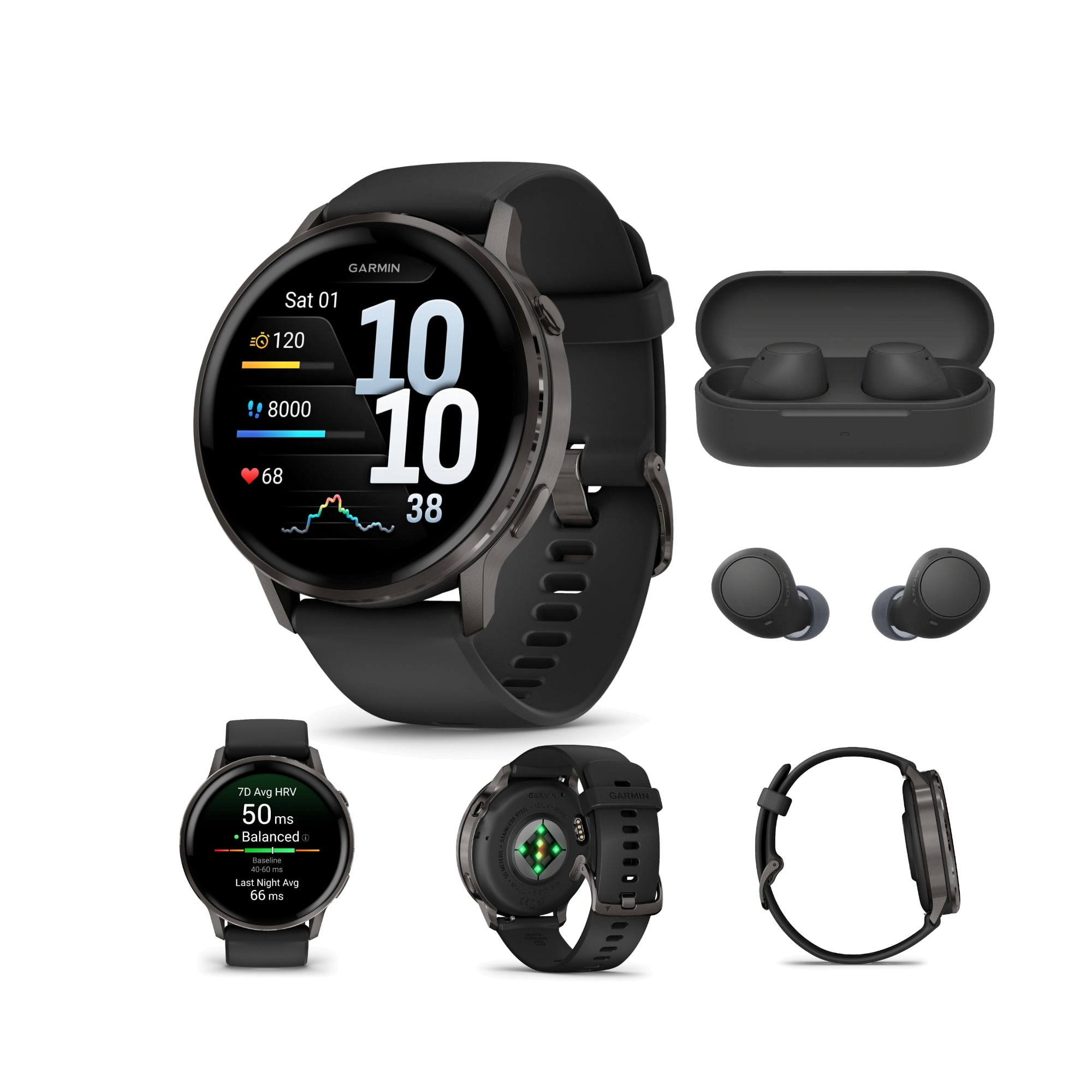 Garmin Venu 4 45mm AMOLED (Slate/Black) GPS Smartwatch Bundle with Wireless Earbuds (2 Items)