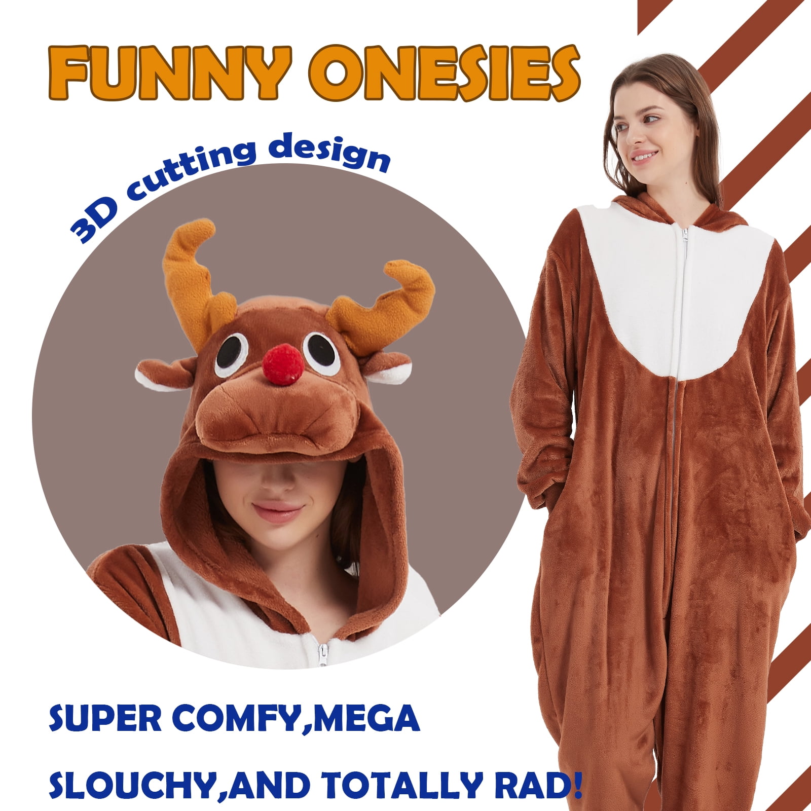 SWEETXIN Adult Christmas Reindeer Unisex Onesie Pajamas Halloween Cosplay Costume Suit for Women and Men SizeM