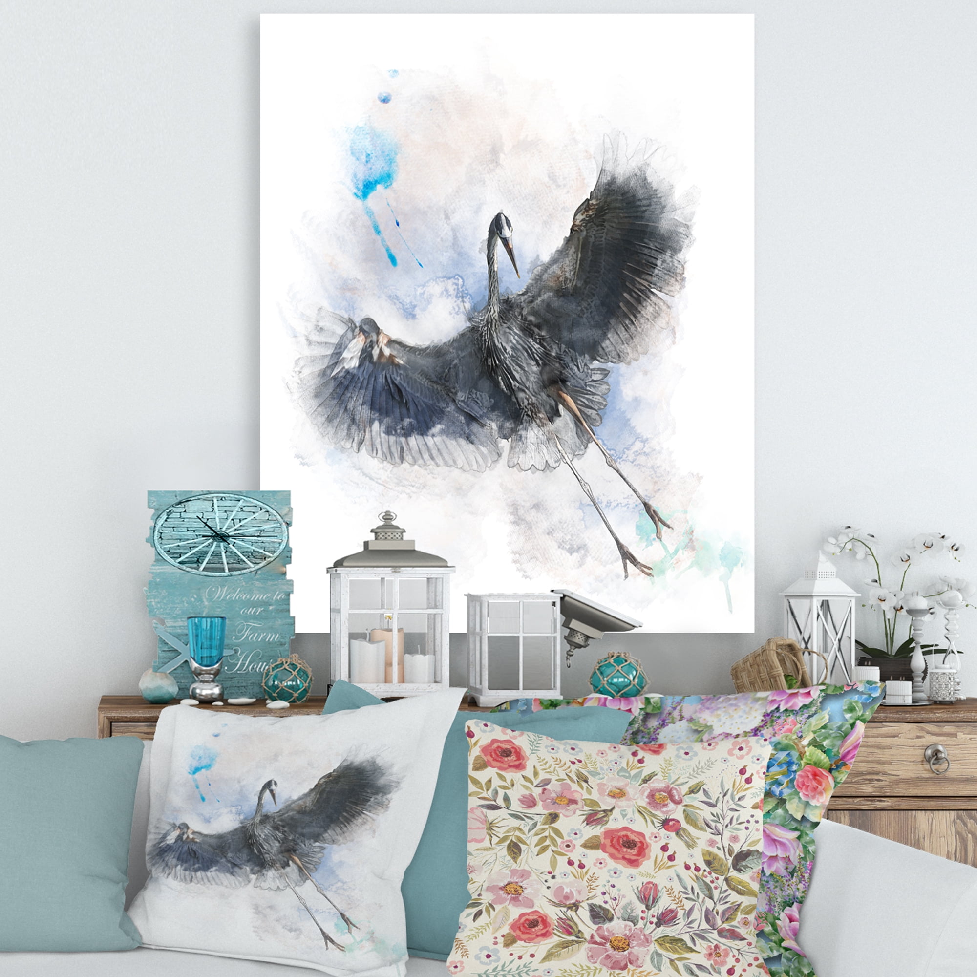Designart ' Great Dark Blue Heron Bird Illustration ' Farmhouse Canvas Wall Art Print