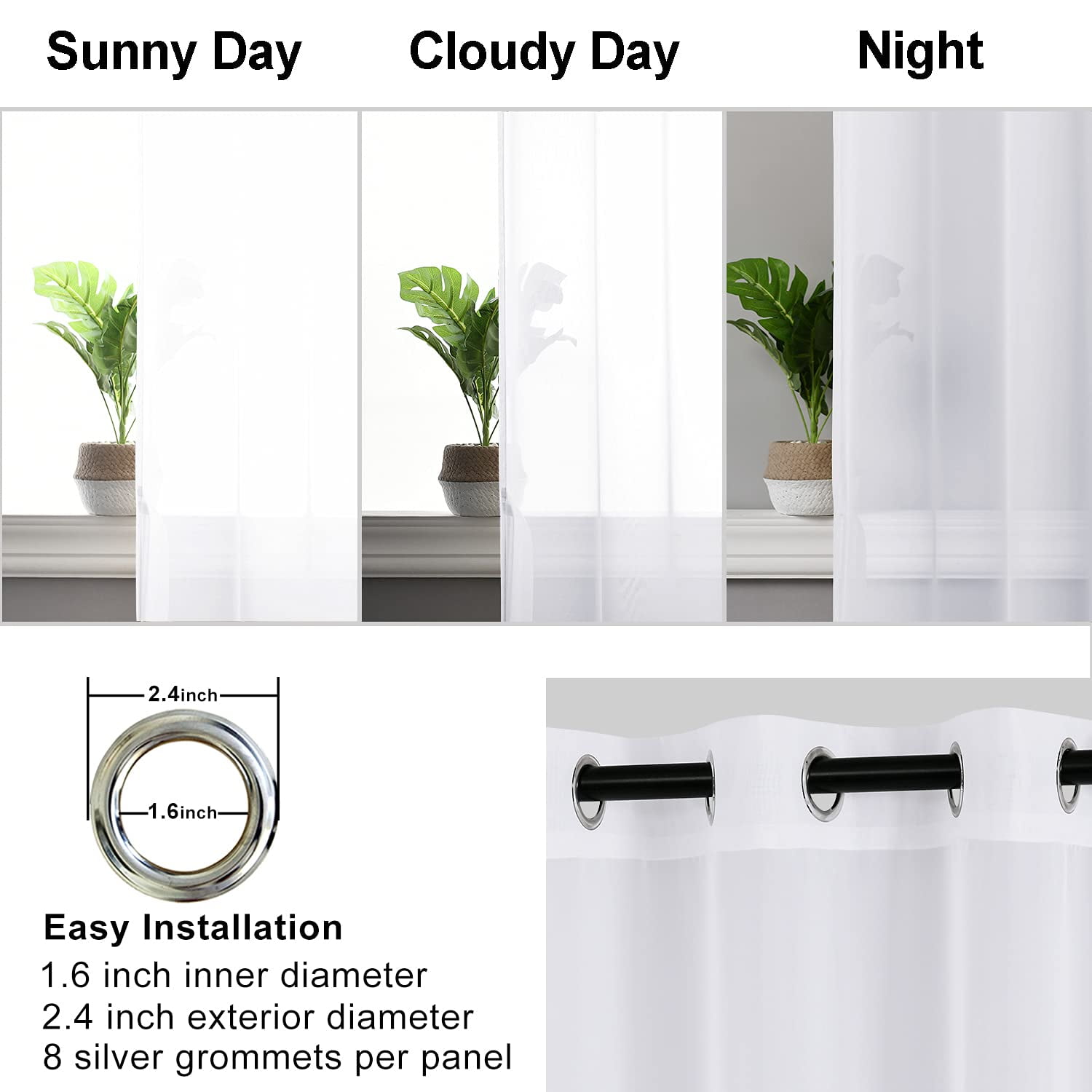 Hiasan White Sheer Curtains 84 inch Long with Grommet-Light Filtering Contemporary Window Drapes with Tie-backs for Living Room, Bedroom, 52" x 84", 2 Panels Set