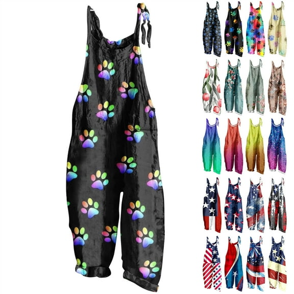 QATAINLAV American Flag Overalls for Women Trendy Patriotic Romper Adjustable Straps Wide Leg One Piece Pants 4th of July Outfits Multicolor M