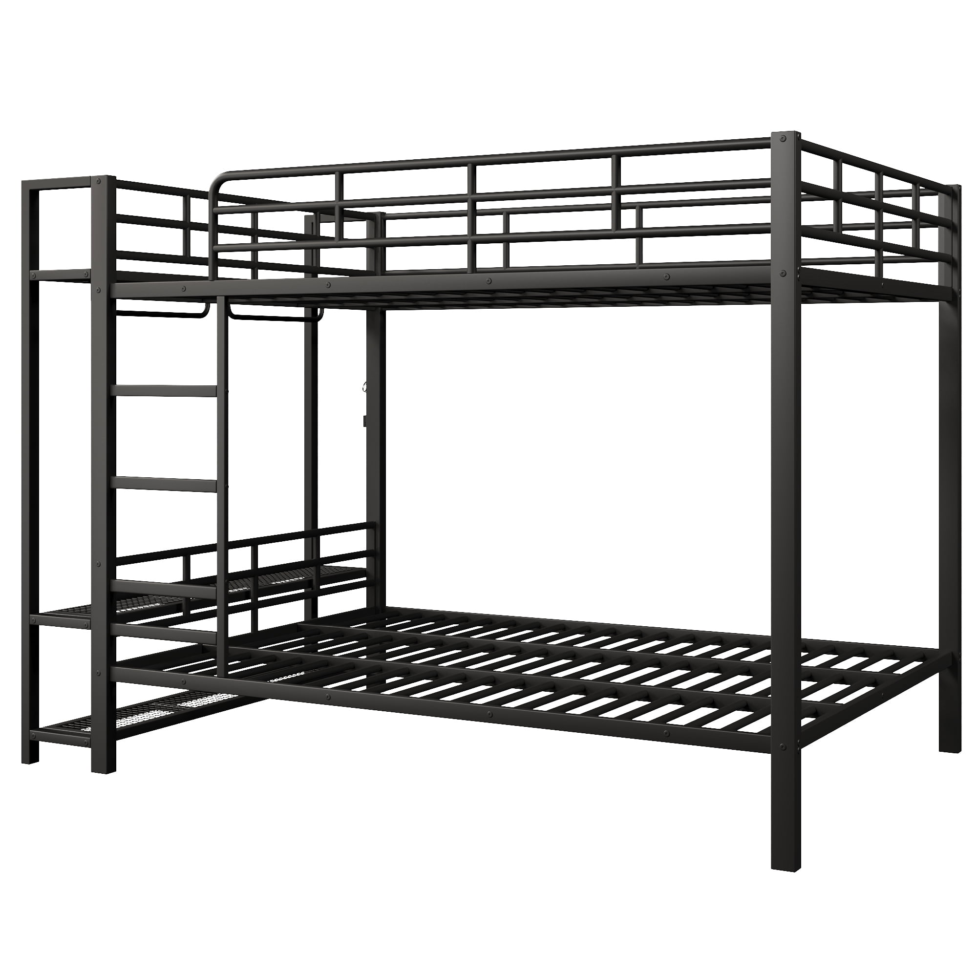 Euroco Metal Queen over Queen Bunk Bed wih Storage Shelves, Clothes Hanger and LED Light for Kids Teens Room, Black