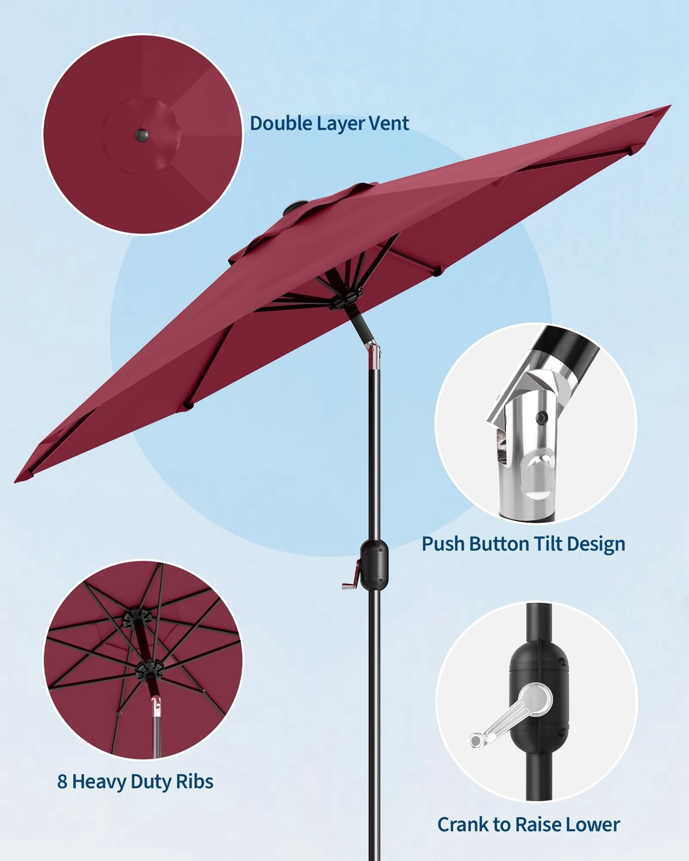 Arigeas 9ft Outdoor Portable Patio Parasol Umbrella with Push Button Tilt, 8-rib Frame and Crank Handle