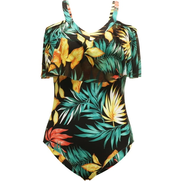 YIMISAN Conjunto De Bikini Acanalado Para Mujer, Diseño Floral 3D, Parte Superior De Un Hombro Con Cintura Media, Traje De Baño De Dos Piezas, Negro