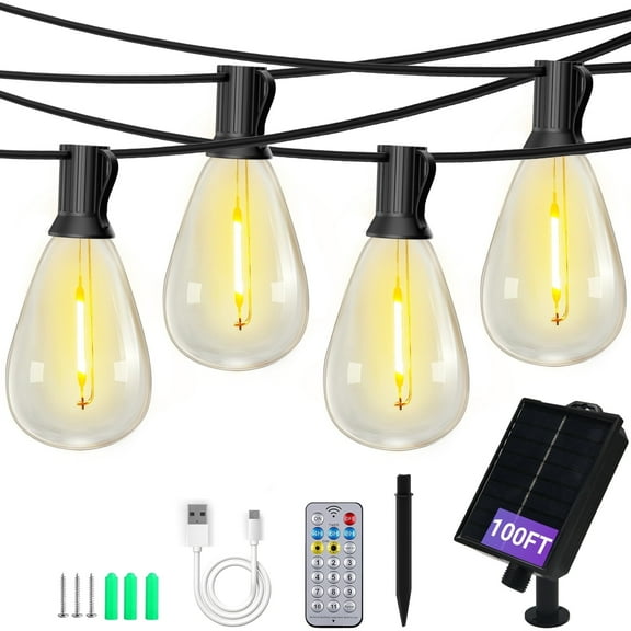 BUGHUT 100FT Solar String Lights Waterproof,Patio Lights Solar Powered with Remote & USB Port 25 1 LED Shatterproof Bulbs 11 Light Modes,Dimmable Solar Lights for Christmas,Backyard,Garden