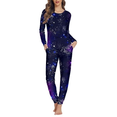 

NETILGEN 2 Pieces Starry Sky Print Pajamas for Women Set Round Neck Pj Set 2 Side Pockets & Long Sleeve Sleepwear for Women Fit Indoor Activities