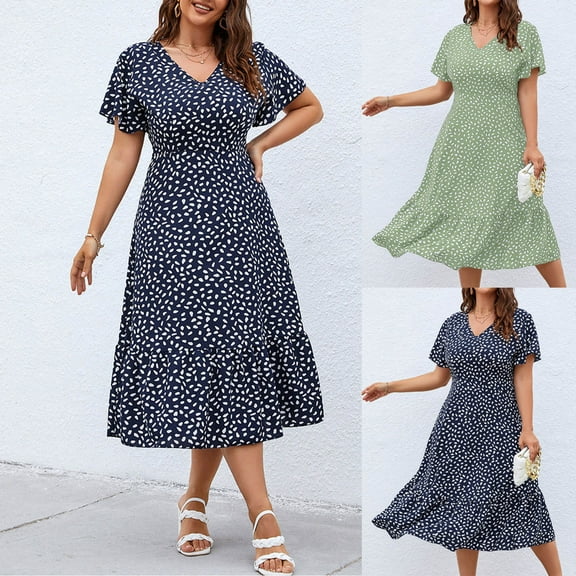 Puyaiuu 2025 Plus Size Summer Dresses New Style V-Neck Short Sleeve Mid-Length Dress Soft Comfort Beach Dresses for Women Print Casual Dresses for Women