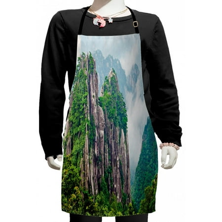 

Mountain Kids Apron Majestic Slim Mountains Rocks in Clouds South Chinese Nature Boys Girls Apron Bib with Adjustable Ties for Cooking Baking Painting Green Brown White by Ambesonne