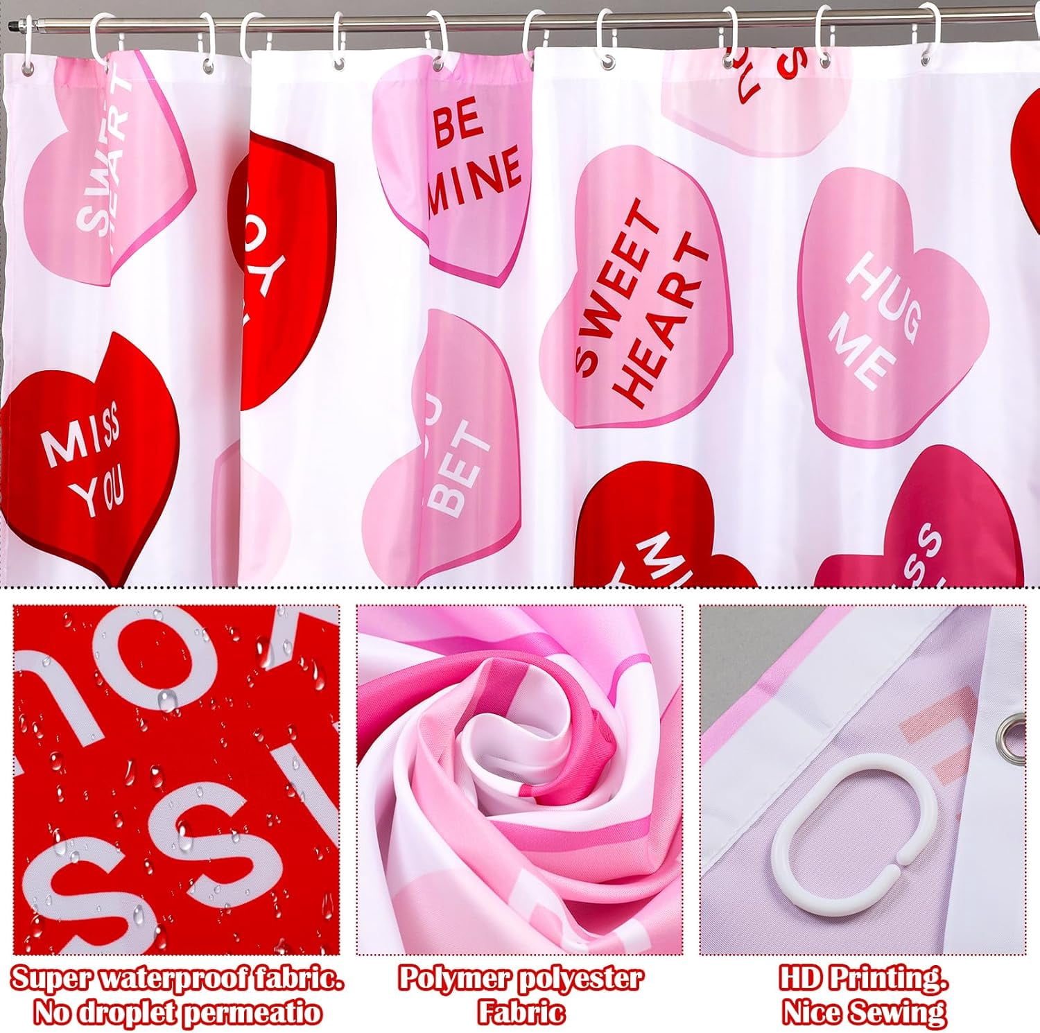 4 Pcs Valentines Shower Curtain Set, Non Slip Rugs Toilet Lid Cover U Shape Bath Mat and 12 Hooks Conversation Heart Pink Bathroom Supplies for Valentines Accessories Decor Set