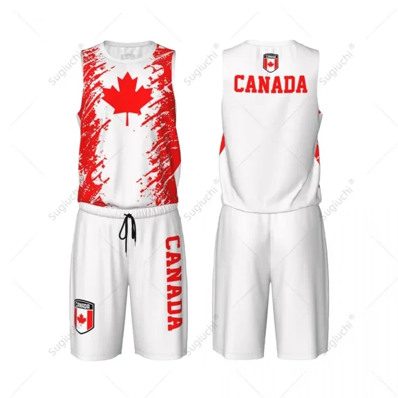 Team-up Canada Flag Grain Men Basketball Jersey Set Shirt & Pants Sleeveless Custom Name Nunber Exclusive