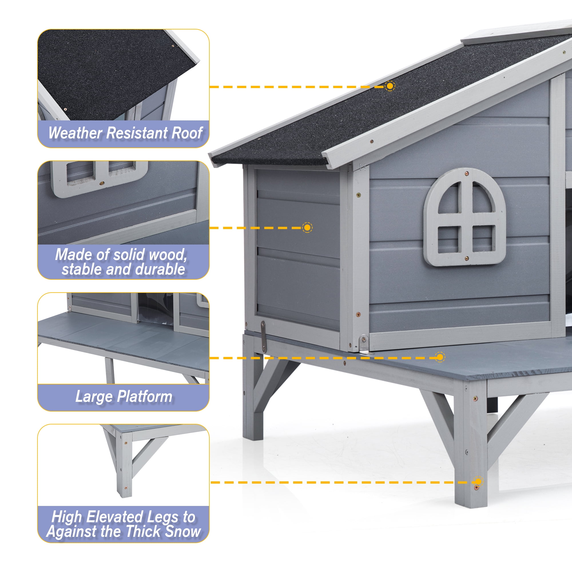 COZIWOW 43in Insulated Cat House for Outdoor Wooden Cat Shelter with Deck, Elevated, Gray