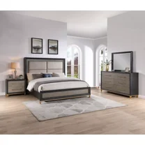 4pc Modern Bedroom Set Panel Queen Bed Upholstered Headboard Black Brown Finish