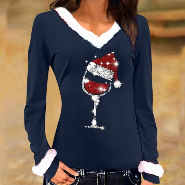 Puntoco Mujeres Sexy Navidad Copa de Vino Delgado Terciopelo Stiching Casual Impresión de manga larga con cuello en V Camisas Blusas tops Puntoco Puntoco-7324