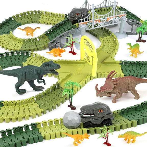 Anpro 193PCS Dinosaur Toys Race Car Track Set with Dino Car, Dinosaur World Flexible Track Playset with Map, Dinosaur Toys Gift for Toddlers Boys Girls Age 3 