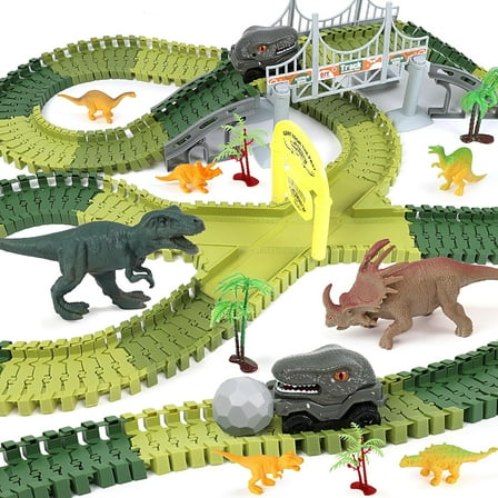 Anpro 193PCS Dinosaur Toys Race Car Track Set with Dino Car, Dinosaur World Flexible Track Playset with Map, Dinosaur Toys Gift for Toddlers Boys Girls Age 3