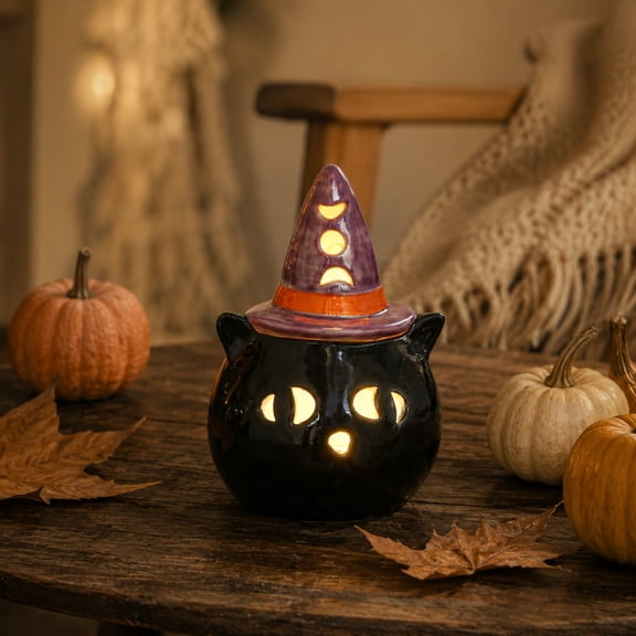 Halloween Night Light Witch Hat Cat Ceramic 4.9in LED Tabletop Fall Decor by OVFUIZ