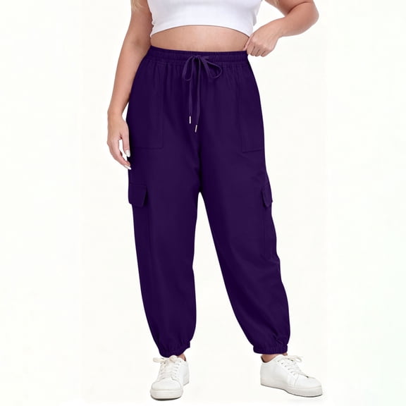 Caywon Women's Plus Size Solid Color Sweatpants Elastic Waist Drawstring Pants with Pockets Loose Casual Full-Length Trousers for Daily Gym Home Wear