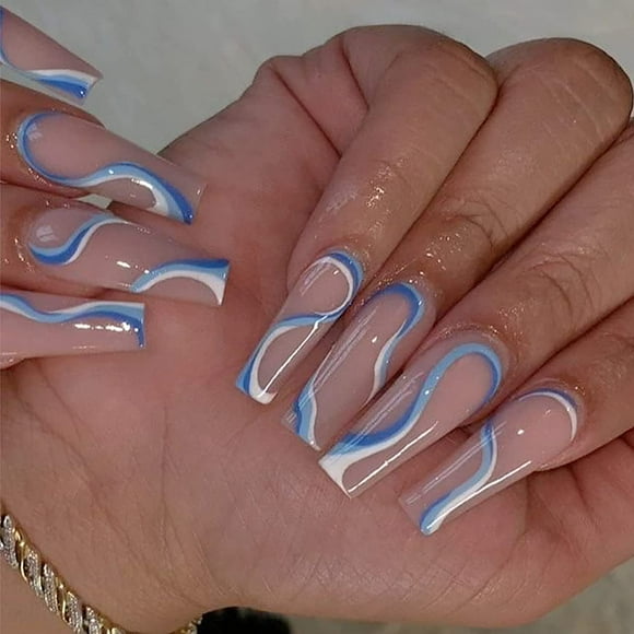 24 Pcs Press on Nails Long, Abstract Coffin Fake Nails, Glossy Glue on Nails, False Nails with Glue for Women (Nude Swirl)