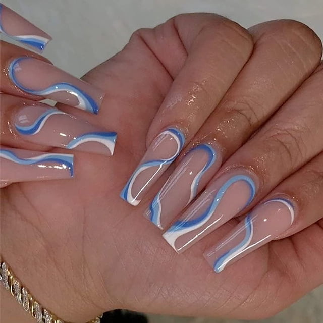 24 Pcs Press on Nails Long, Abstract Coffin Fake Nails, Glossy Glue on Nails, False Nails with Glue for Women (Nude Swirl) Zhivalor Uñas Postizas y Decoración