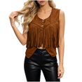 thumbnail image 2 of Atkumj Western Vest Women Vintage Suede V Neck Fringe Hem Button Up Vests Fashion Casual Solid Color Cropped Women Vest Top for Everyday Western Look S, 2 of 6