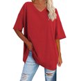 thumbnail image 2 of Hauts Rouges pour Femmes, T-Shirt d'Été Ample à Épaules et Col en V, Mode Couleur Unie, Manches Courtes, Blouse pour Sortir, 2 of 5